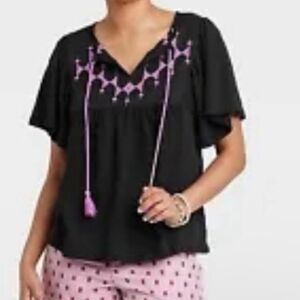 Knox Rose Boho Black Embrodered Top w/ Tassels - XS
